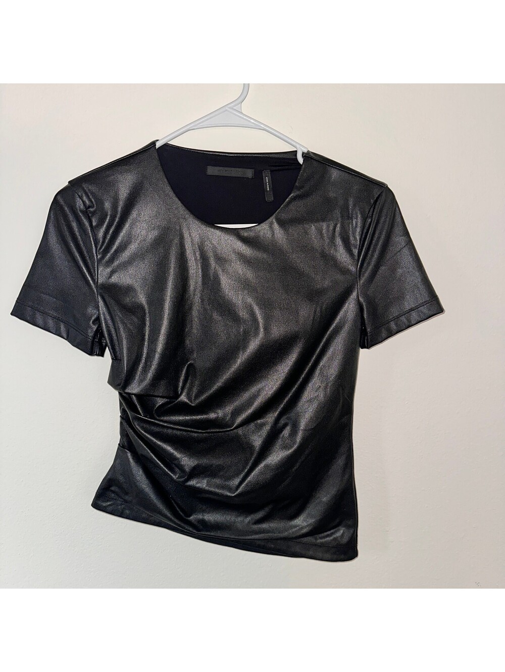Helmut Lang Faux Leather Twist Tee Black Ruched Top Small